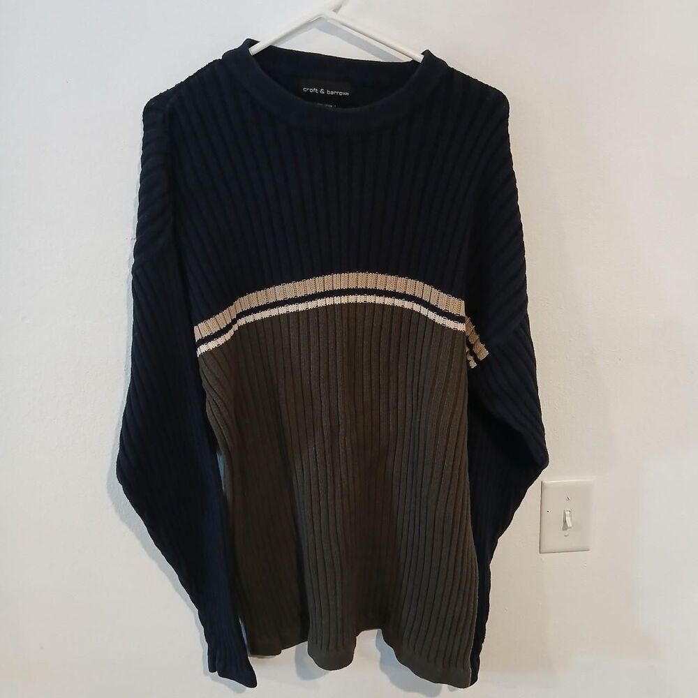 Croft & Barrow Men's Navy and Green Pullover Sweater Large Tall 100% Cotton